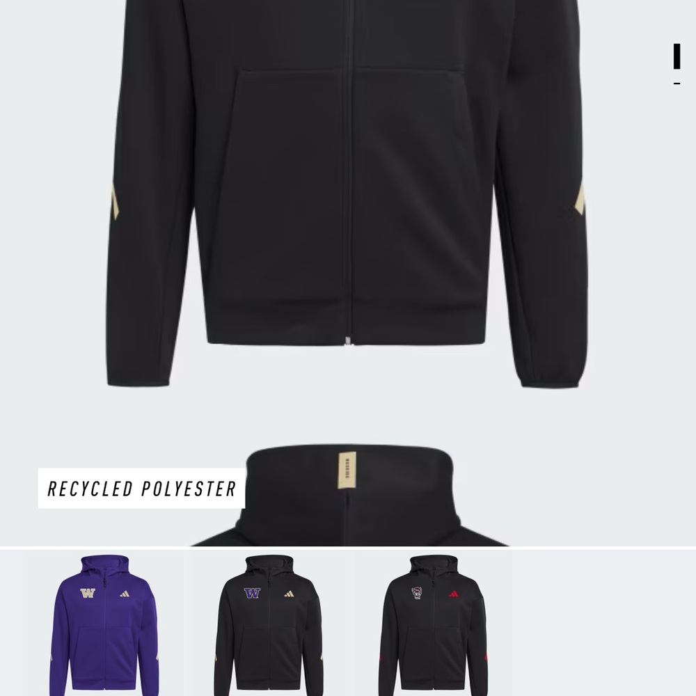 Adidas Washington Huskies Full Zip Player Travel ZNE Hoodie Black Sz Large - Picture 9 of 10